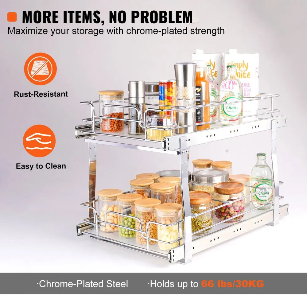 VEVOR 2 Tier 14"Wx21"Dx15"H Pull Out Cabinet Organizer, Heavy Duty Slide Out Pantry Shelves, Steel Roll Out Drawers, Sliding Drawer Storage for Home, 15.5"Wx22"Dx18"H Install Size for Cabinet
