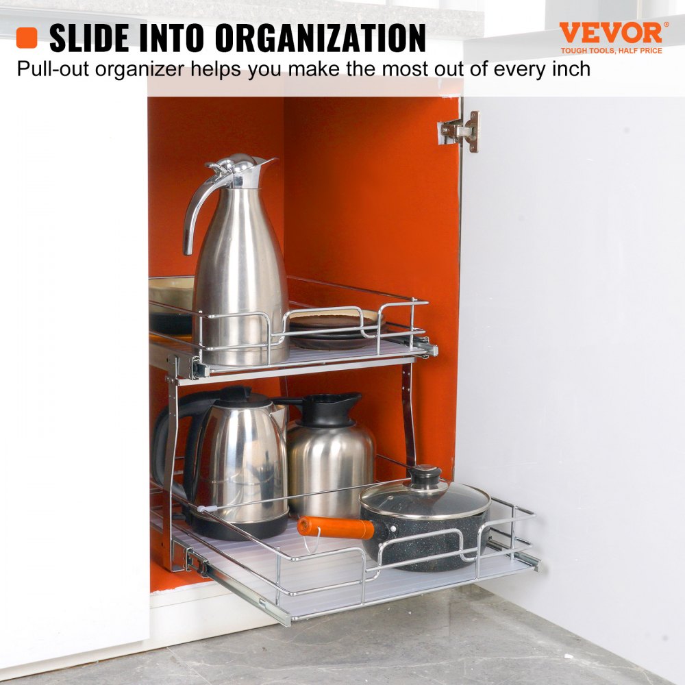 VEVOR 2 Tier 17"Wx21"Dx15"H Pull Out Cabinet Organizer, Heavy Duty Slide Out Pantry Shelves, Steel Roll Out Drawers, Sliding Drawer Storage for Home, 18.5"Wx22"Dx18"H Install Size for Cabinet