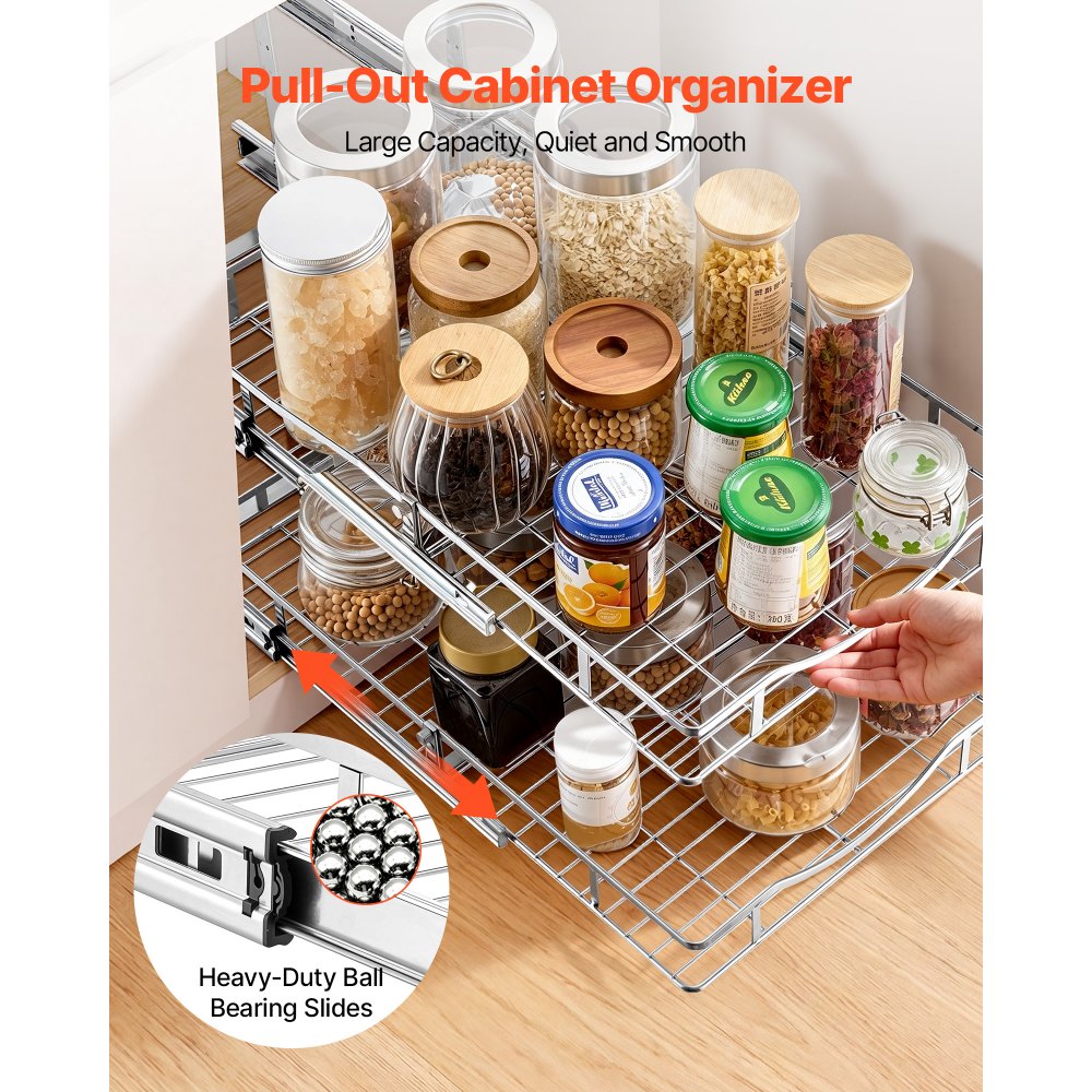 VEVOR 2 Tier Pull Out Cabinet Organizer 14.17"W x 21.06"D Slide Out Drawers, for Kitchen Bathroom Pantry Organization, Chrome-Plated Finish, Heavy Duty Steel Storage Sliding Shelves for Base Cabinets