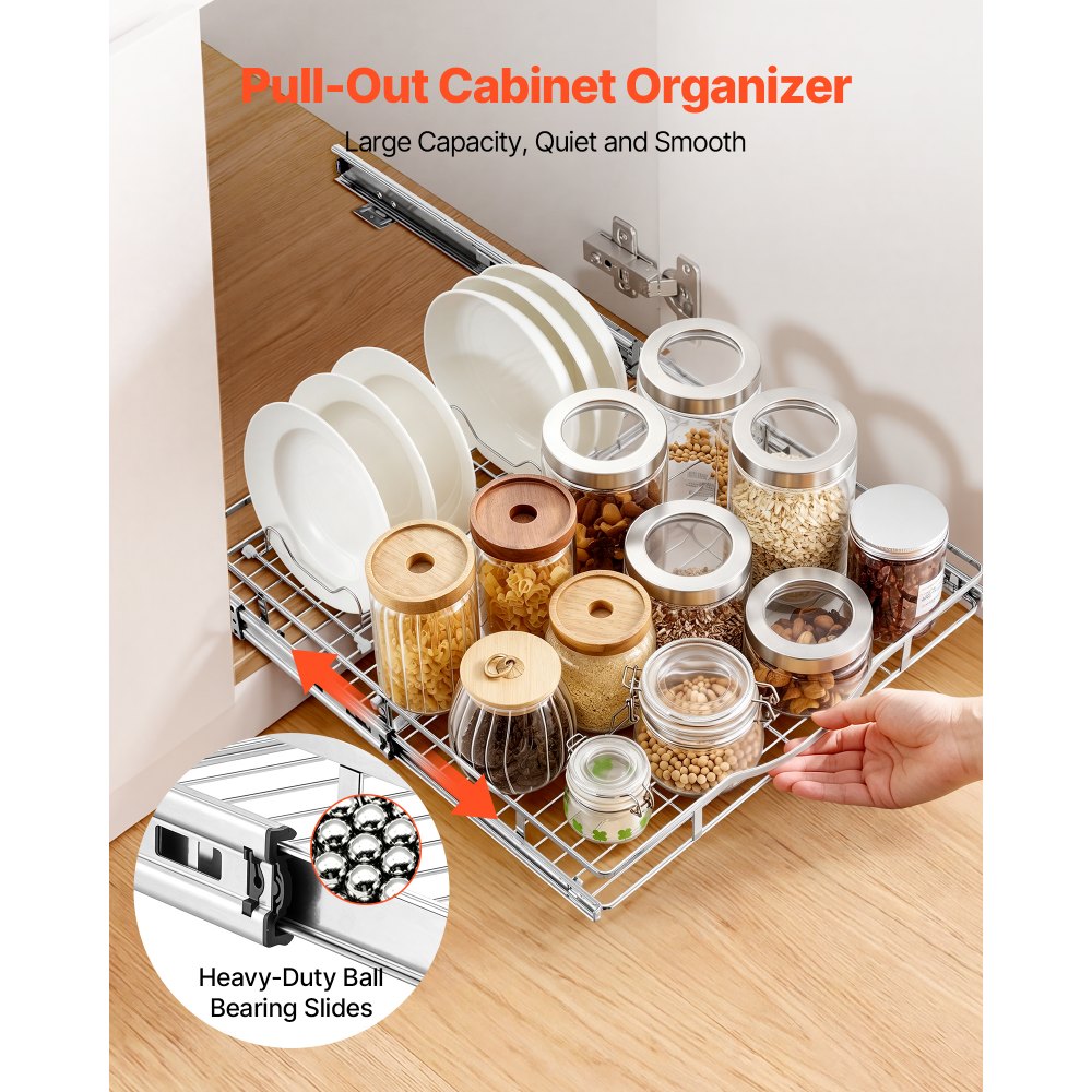 VEVOR Pull Out Cabinet Organizer 19.69"W x 21.06"D Steel Slide Out Drawers, for Kitchen Bathroom Pantry Home Organization, Chrome-Plated Finish, Heavy Duty Storage Sliding Shelves for Base Cabinets