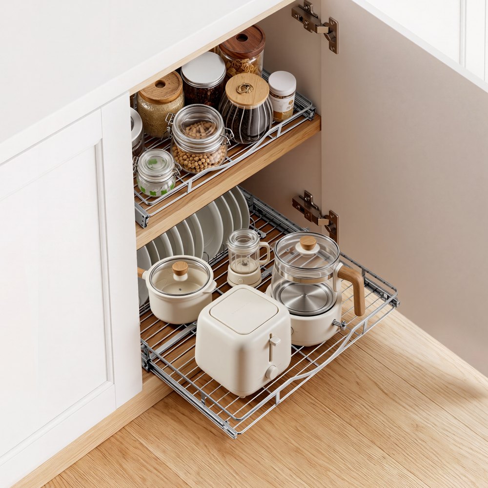 VEVOR Pull Out Cabinet Organizer 19.69"W x 21.06"D Steel Slide Out Drawers, for Kitchen Bathroom Pantry Home Organization, Chrome-Plated Finish, Heavy Duty Storage Sliding Shelves for Base Cabinets