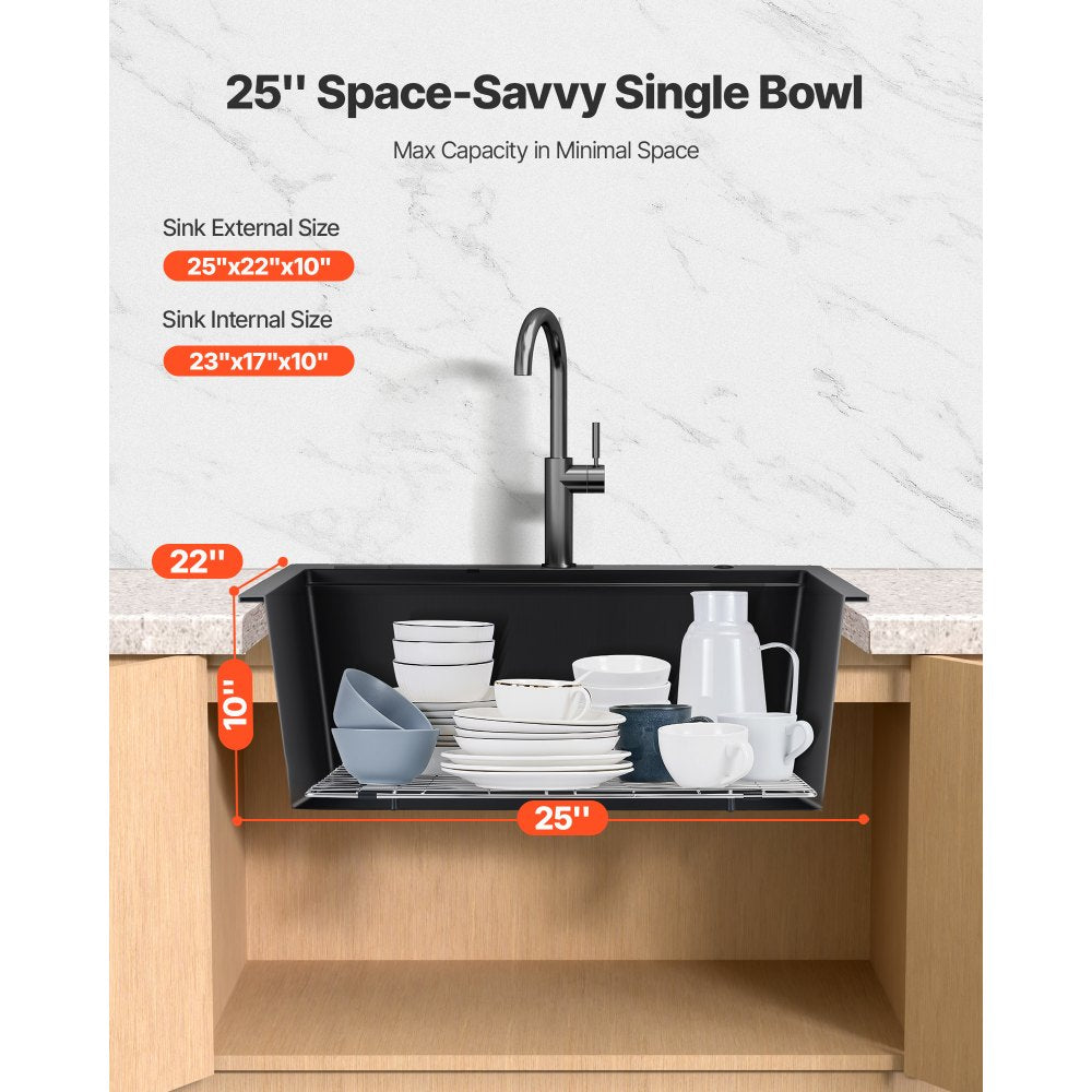VEVOR 25 inch Kitchen Sink Workstation, Top Mount Granite Sinks, Drop-In Single Bowl Farmhouse Basin with Multiple Accessories, Household Dishwasher Sinks for RV, Prep Kitchen, and Bar (Black)