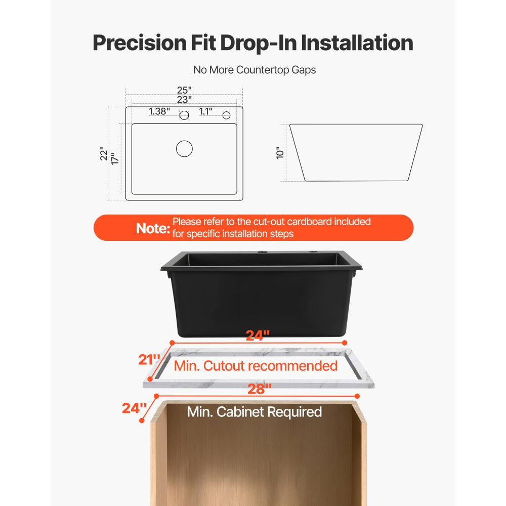 VEVOR 25 inch Kitchen Sink Workstation, Top Mount Granite Sinks, Drop-In Single Bowl Farmhouse Basin with Multiple Accessories, Household Dishwasher Sinks for RV, Prep Kitchen, and Bar (Black)