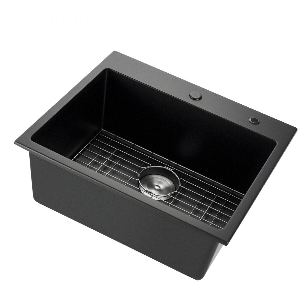 VEVOR 25 inch Kitchen Sink Workstation, Top Mount Granite Sinks, Drop-In Single Bowl Farmhouse Basin with Multiple Accessories, Household Dishwasher Sinks for RV, Prep Kitchen, and Bar (Black)