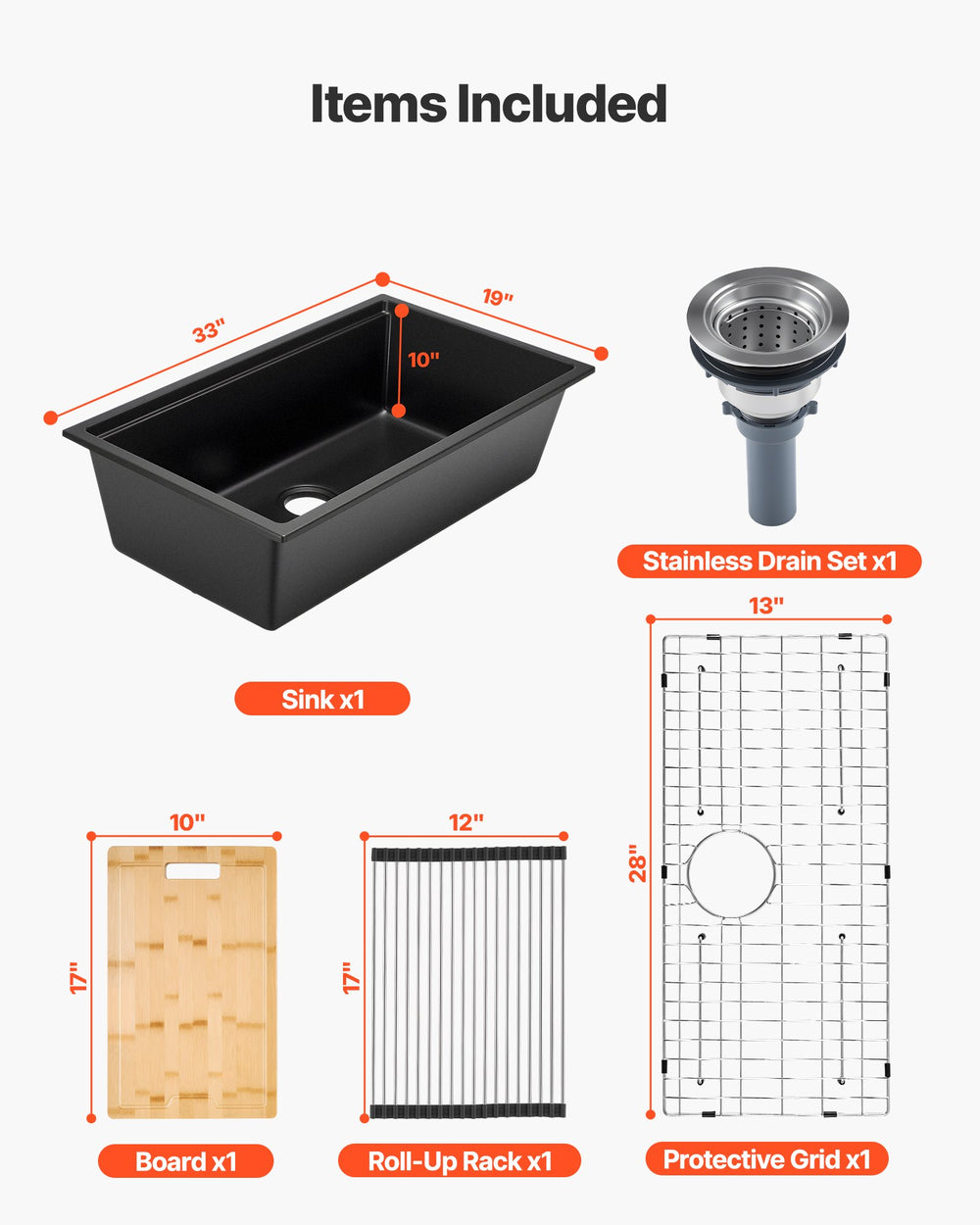 Items included and key dimensions overview for VEVOR granite kitchen sink