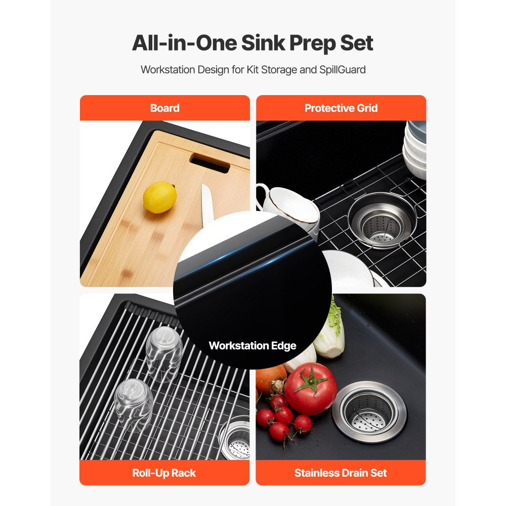 VEVOR 30 inch Kitchen Sink Workstation, Undermount Granite Sink, Drop-In Single Bowl Farmhouse Basin with Multiple Accessories, Household Dishwasher Sinks for RV, Prep Kitchen, and Bar (Black)