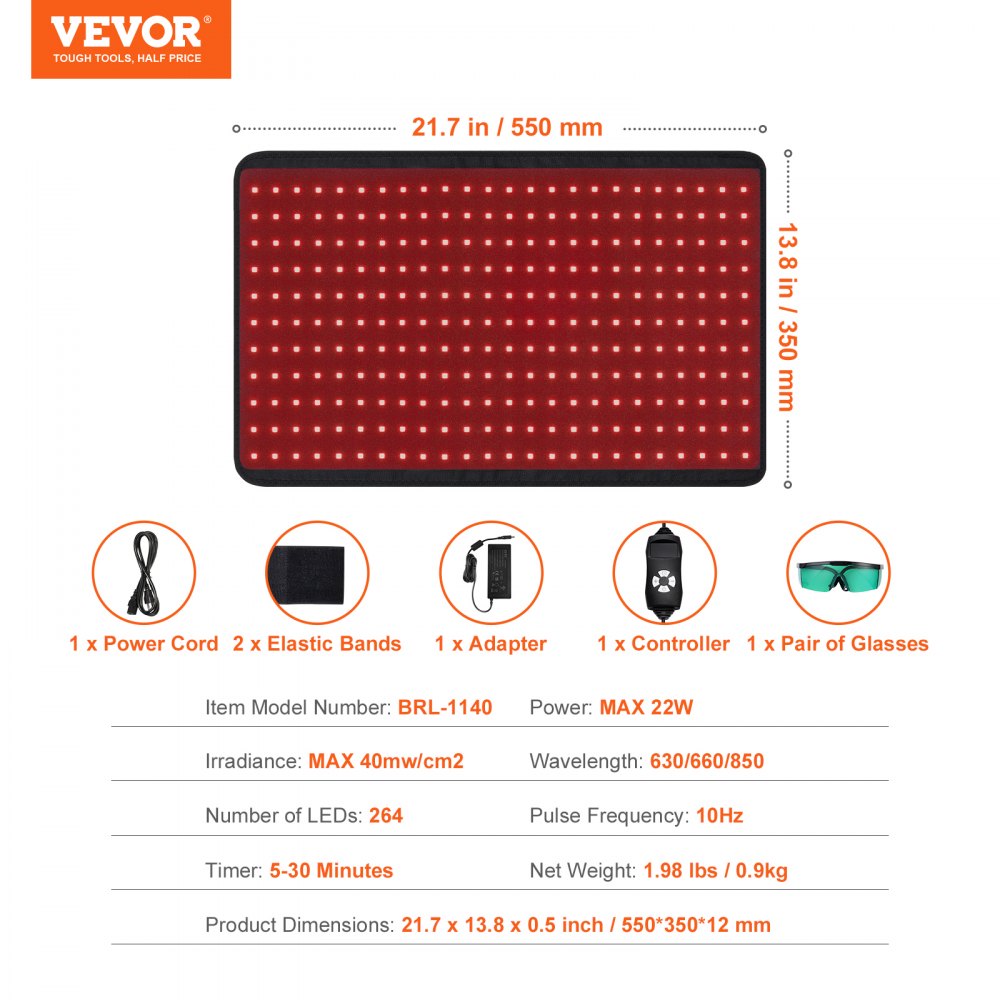 VEVOR Red Light Therapy for Body, 264 LEDs Light Therapy Pad with Controller, 10Hz Pulse, 5-30 Min Timer, 630nm Nano Red & 660nm Red & 850nm Light Therapy for Pain Relief, Skin Health