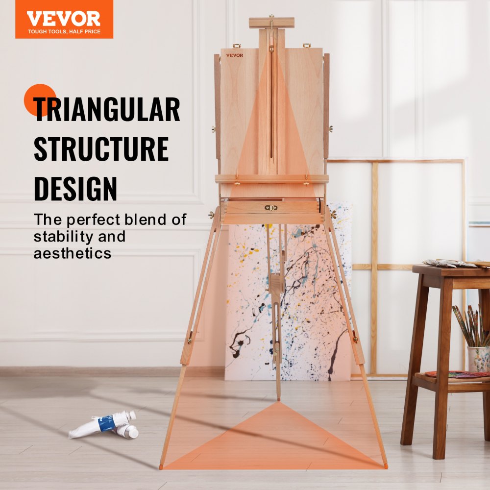 VEVOR French Easel, Hold Canvas to 34", Beechwood Foldable Sketchbox Easel with Drawer, Palette and Strap, Angle and Height Adjustable, Portable Wooden Art Painting Easel for Studio and Field