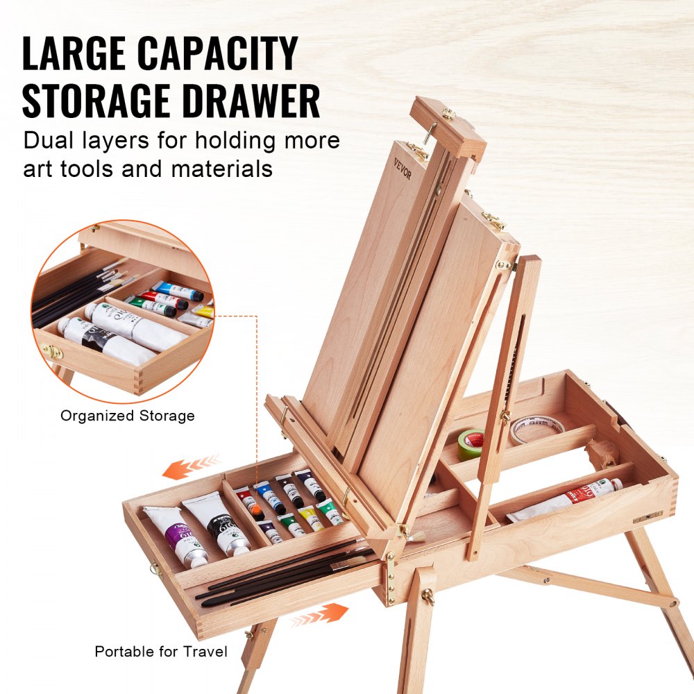 VEVOR French Easel, Hold Canvas to 34", Beechwood Foldable Sketchbox Easel with Drawer, Palette and Strap, Angle and Height Adjustable, Portable Wooden Art Painting Easel for Studio and Field