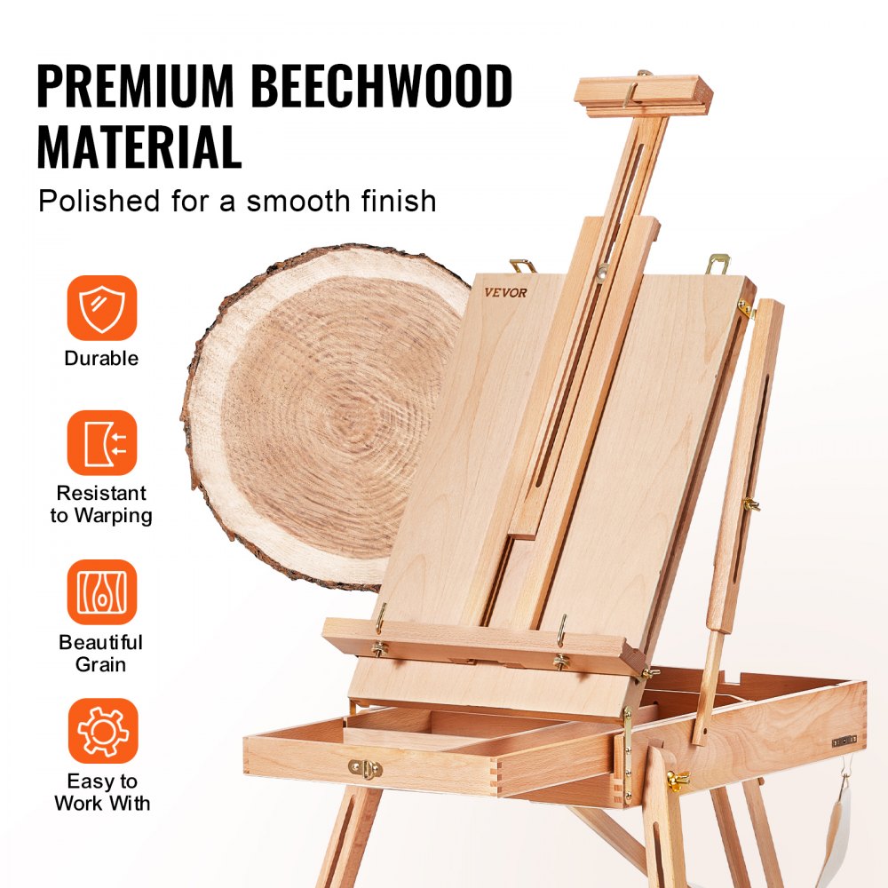 VEVOR French Easel, Hold Canvas to 34", Beechwood Foldable Sketchbox Easel with Drawer, Palette and Strap, Angle and Height Adjustable, Portable Wooden Art Painting Easel for Studio and Field