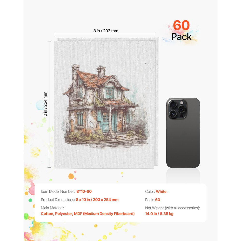 VEVOR Canvas Boards for Painting, 8 x 10 Inch White Canvases for Painting, 60 Pack Painting Canvas Panels for Sketching, Acrylic and Oil Painting, Watercolor, Paint Canvas for Kids and Professionals