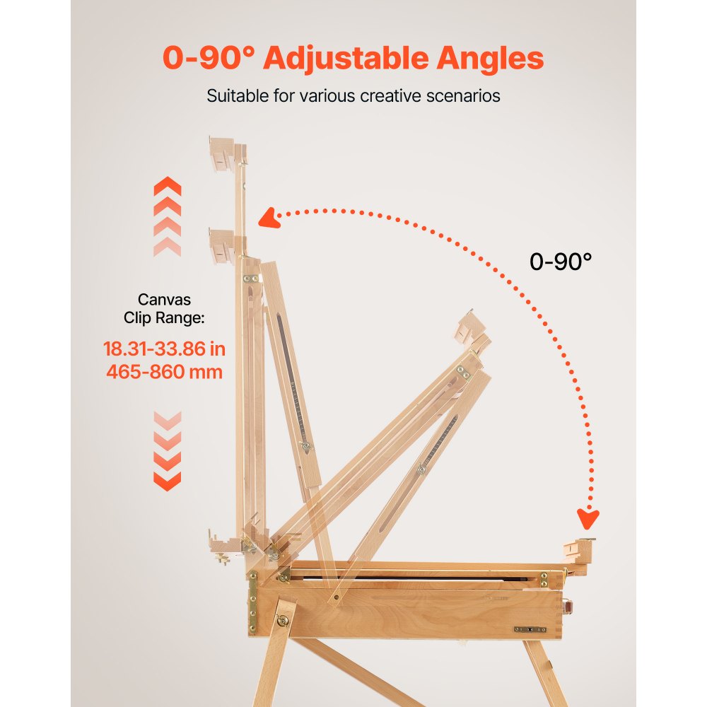 VEVOR French Easel with Legs Foldable and Portable Sketchbox Easel Stand, For Painting, Solid Beech Wood, Holds Canvas up to 33.86", Adjustable Height & Angle, with Drawer, Palette, Shoulder Strap