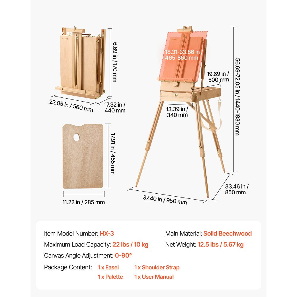 VEVOR French Easel with Legs Foldable and Portable Sketchbox Easel Stand, For Painting, Solid Beech Wood, Holds Canvas up to 33.86", Adjustable Height & Angle, with Drawer, Palette, Shoulder Strap