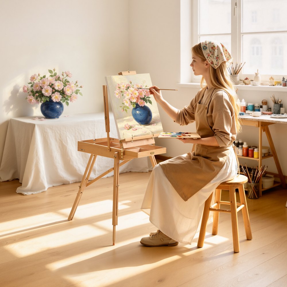 VEVOR French Easel with Legs Foldable and Portable Sketchbox Easel Stand, For Painting, Solid Beech Wood, Holds Canvas up to 33.86", Adjustable Height & Angle, with Drawer, Palette, Shoulder Strap