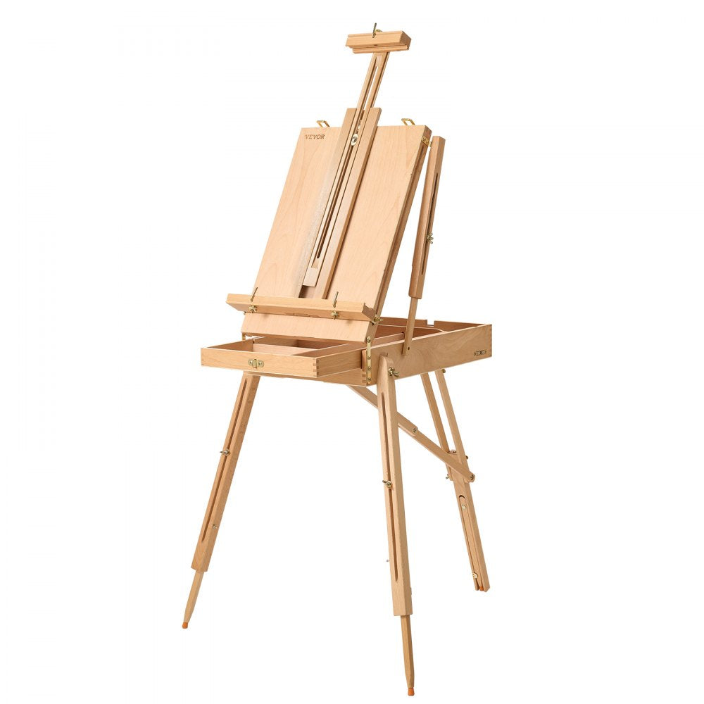 VEVOR French Easel with Legs Foldable and Portable Sketchbox Easel Stand, For Painting, Solid Beech Wood, Holds Canvas up to 33.86", Adjustable Height & Angle, with Drawer, Palette, Shoulder Strap