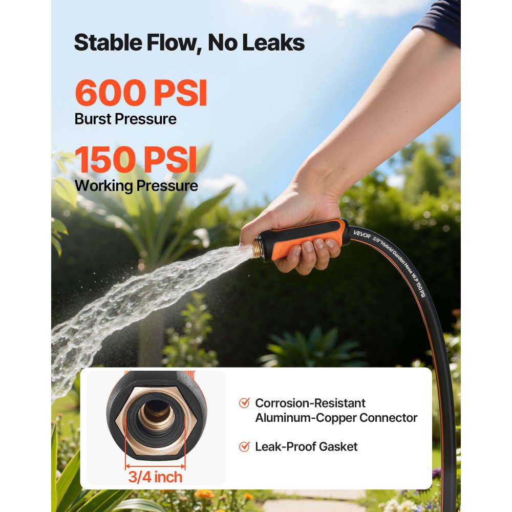 VEVOR Garden Hose, 50 ft 5/8" Heavy Duty 4-Layer Rubber Water Hose, 150PSI Working & 600PSI Burst, Flexible & Non-kink Outdoor Waterhose with 3/4" Fitting, Lightweight Hoses for Gardening Cleaning