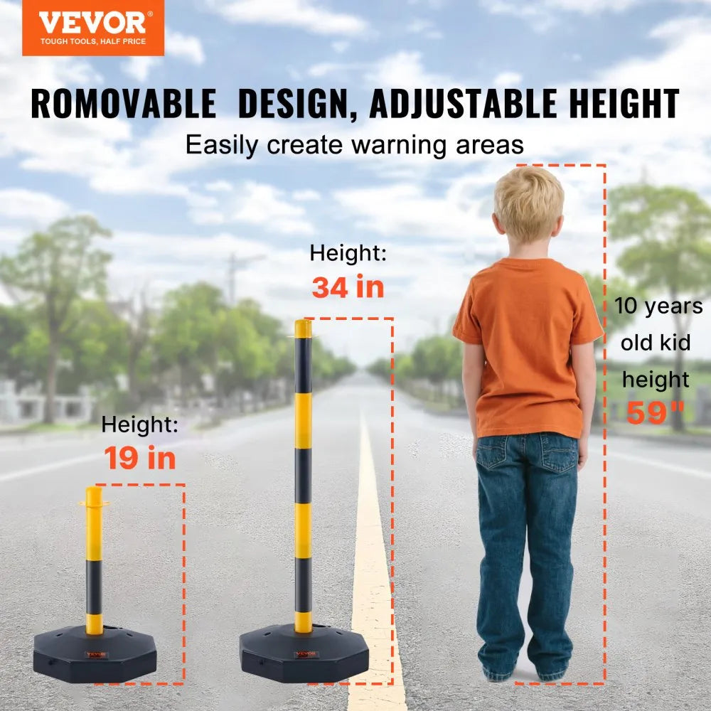 VEVOR Adjustable Traffic Delineator Post Cones, 6 Pack, Traffic Safety Delineator Barrier with Fillable Base 8FT Chain, for Traffic Control Warning Parking Lot Construction Caution Roads, Yellow&Black