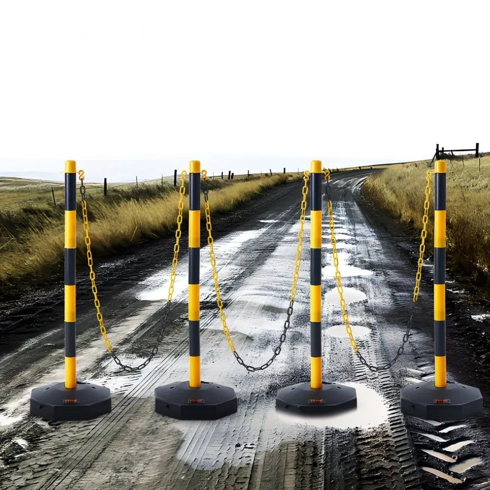 VEVOR Adjustable Traffic Delineator Post Cones, 4 Pack, Traffic Safety Delineator Barrier with Fillable Base 8FT Chain, for Traffic Control Warning Parking Lot Construction Caution Roads, Yellow&Black