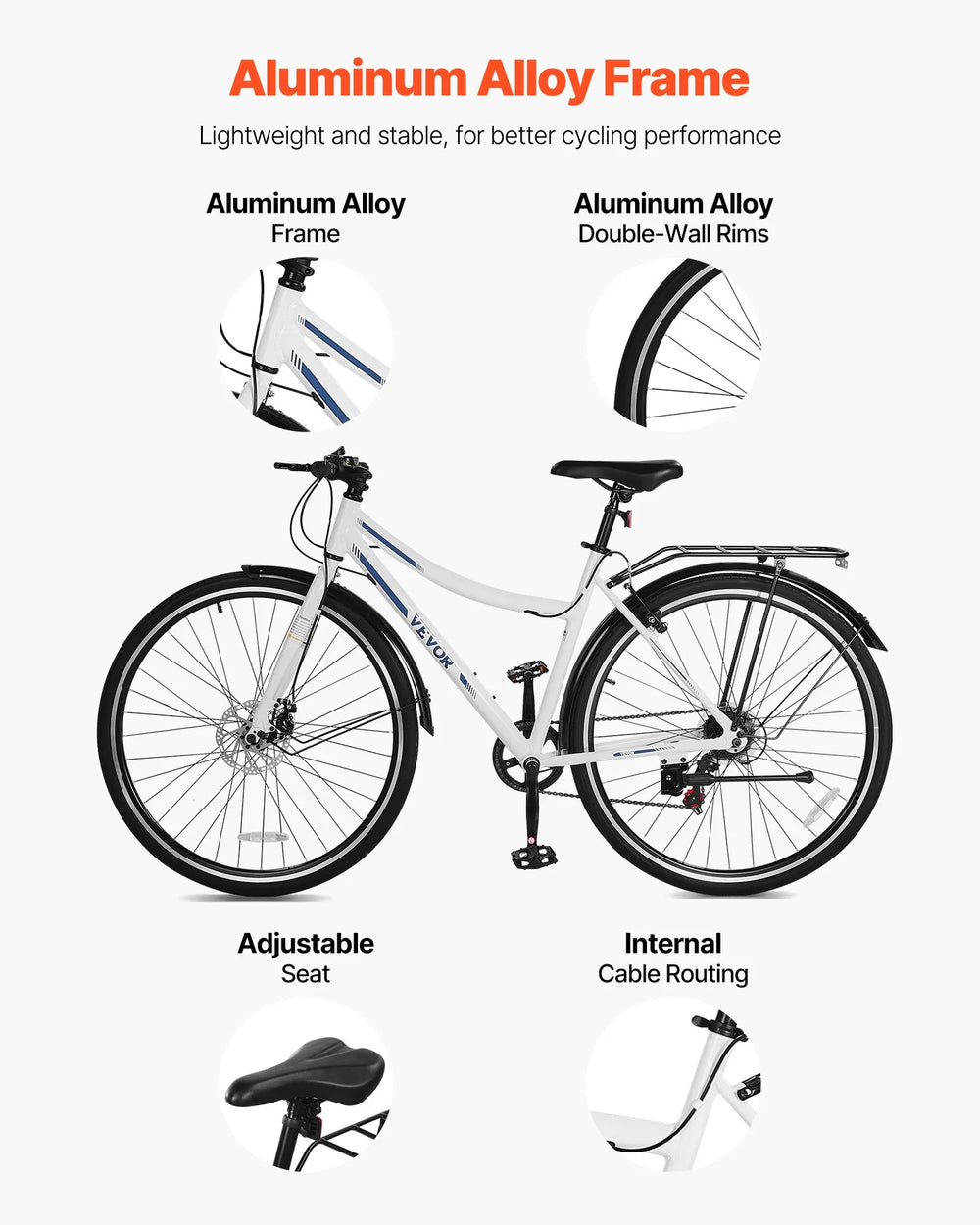 VEVOR hybrid bike aluminum alloy frame and double-wall rims infographic