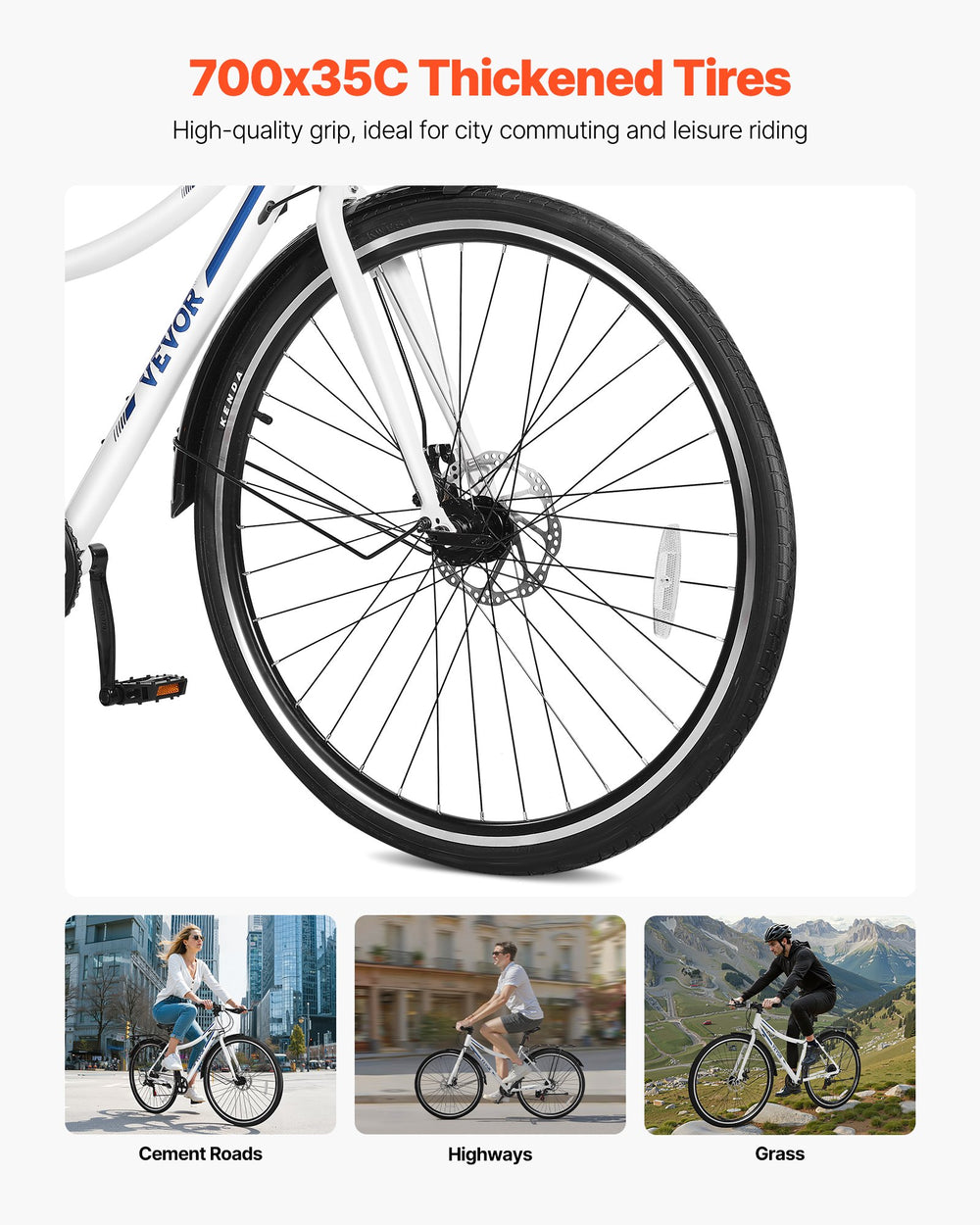 VEVOR hybrid bike 700x35C thickened tires wheel close-up