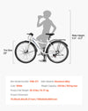 VEVOR hybrid bike size and specs infographic (rider height range and dimensions)