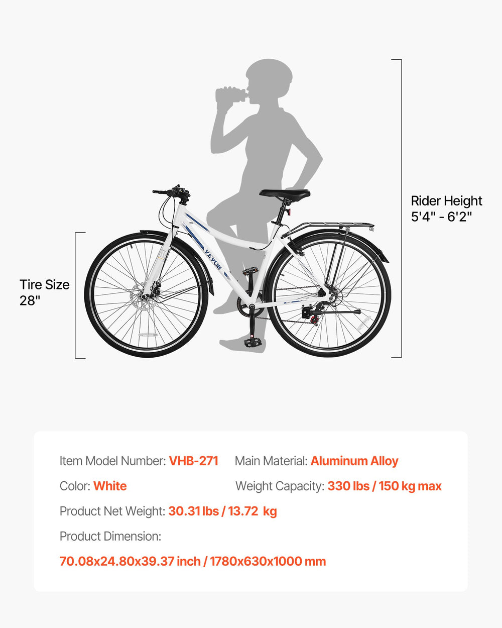 VEVOR hybrid bike size and specs infographic (rider height range and dimensions)