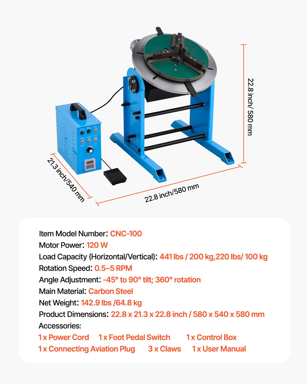 VEVOR Rotary Welding Positioner, 441 lbs Load Capacity, -45° to 90° Tilt Angle Welding Positioner Turntable Table, 0.5-5 RPM Speed Control, Electric and Foot Pedal, for Cutting, Grinding, Assembly