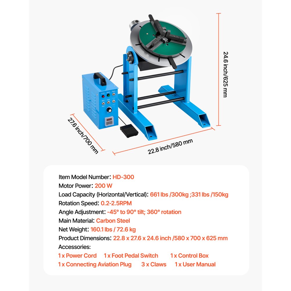 VEVOR Rotary Welding Positioner, 661 lbs Load Capacity, -45° to 90° Tilt Angle Welding Positioner Turntable Table, 0.2-2.5 RPM Speed Control, Electric and Foot Pedal, for Cutting, Grinding, Assembly
