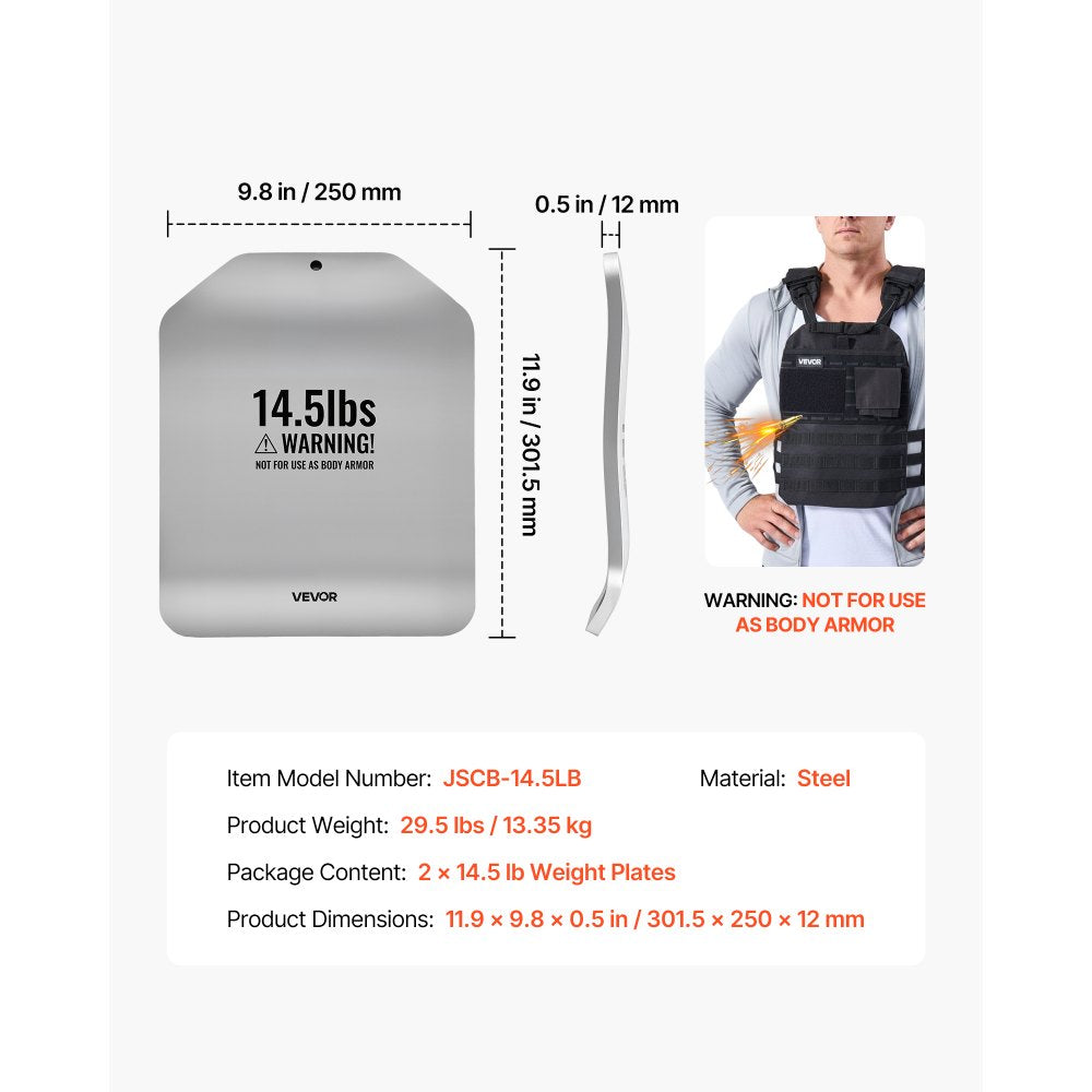 VEVOR Curved Weight Vest Plates, 14.5 LB Pairs, Premium Steel Tactical Weighted Plates for Vest, Ergonomic Design, for Strength Endurance Training, Running, Jogging, Fitness, Heavy Workouts