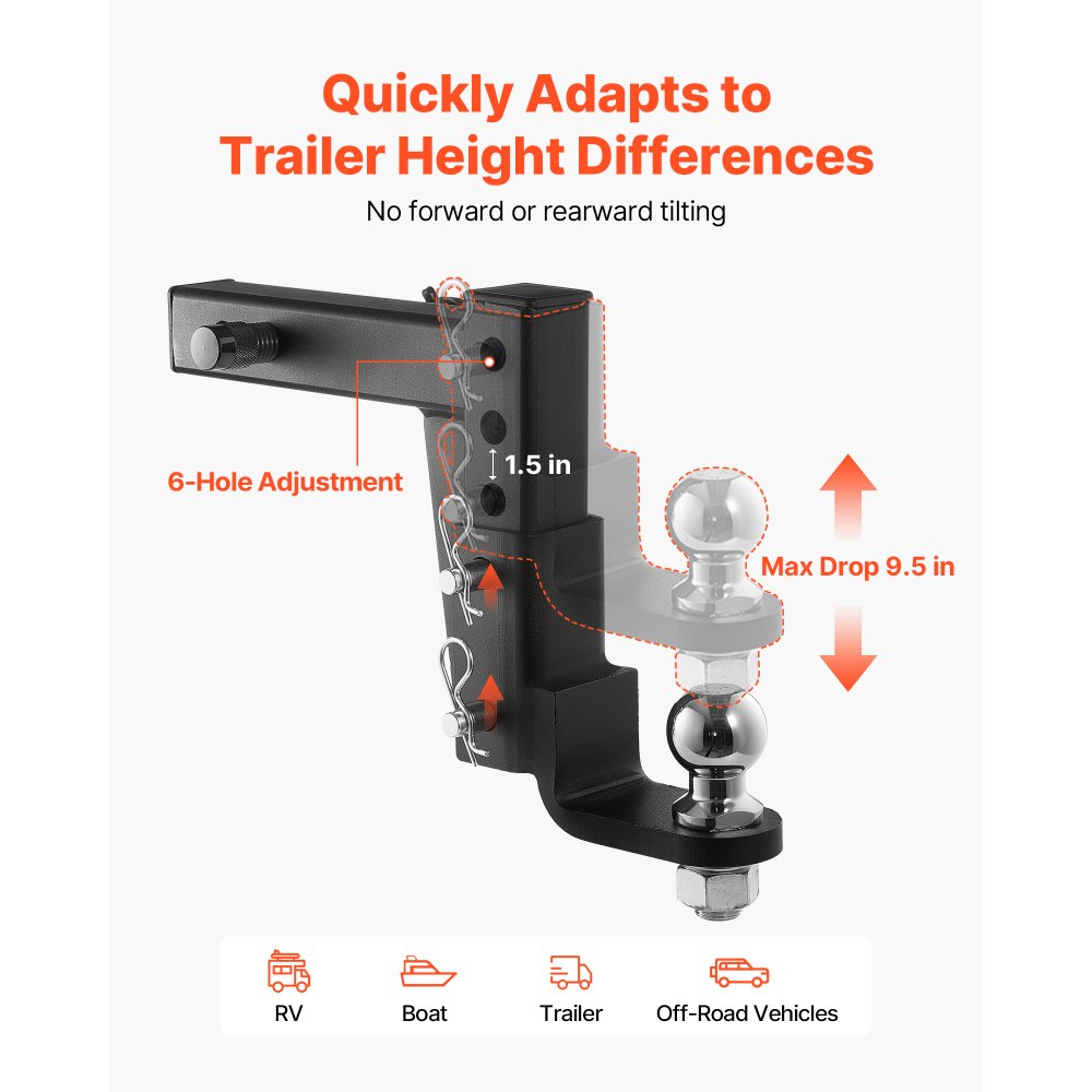 VEVOR Trailer Hitch Ball Mount, Fit 2-Inch Receiver, Adjustable Trailer Hitch with 2 Inch Ball & Pin, 7500 lbs GTW, 9.5 Inch Drop, Towing Ball Mounts for RVs, Off-Road Vehicles and Trucks, Black