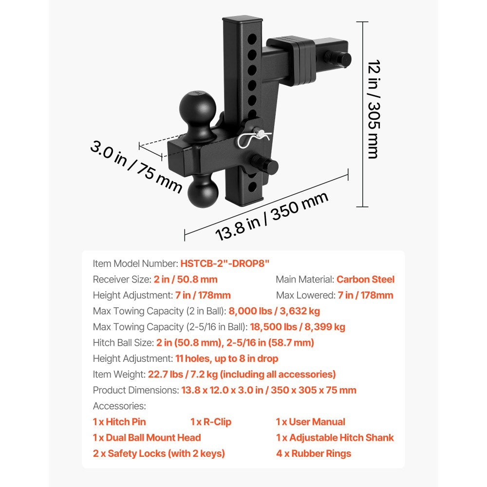 VEVOR Adjustable Trailer Hitch, Fit 2 Inch Receiver, Trailer Hitch Mount with 2 Inch & 2-5/16 Inch Balls, 18500 lbs GTW, 8 Inch Drop, Towing Ball Mounts for RVs, Off-Road Vehicles and Trucks, Black