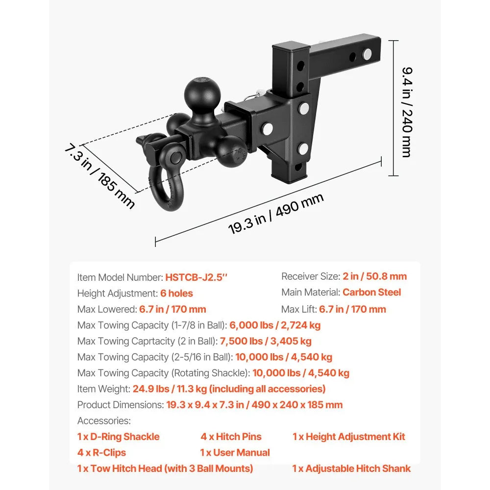 VEVOR Trailer Hitch Tri Ball Mount with D Shackle, Fit 2 Inch Receiver, 1-7/8 Inch, 2 Inch and 2-5/16 Inch Balls, 10000 lbs GTW, 6 Inch Drop, Towing Hitch for RVs, Off-Road Vehicles and Trucks