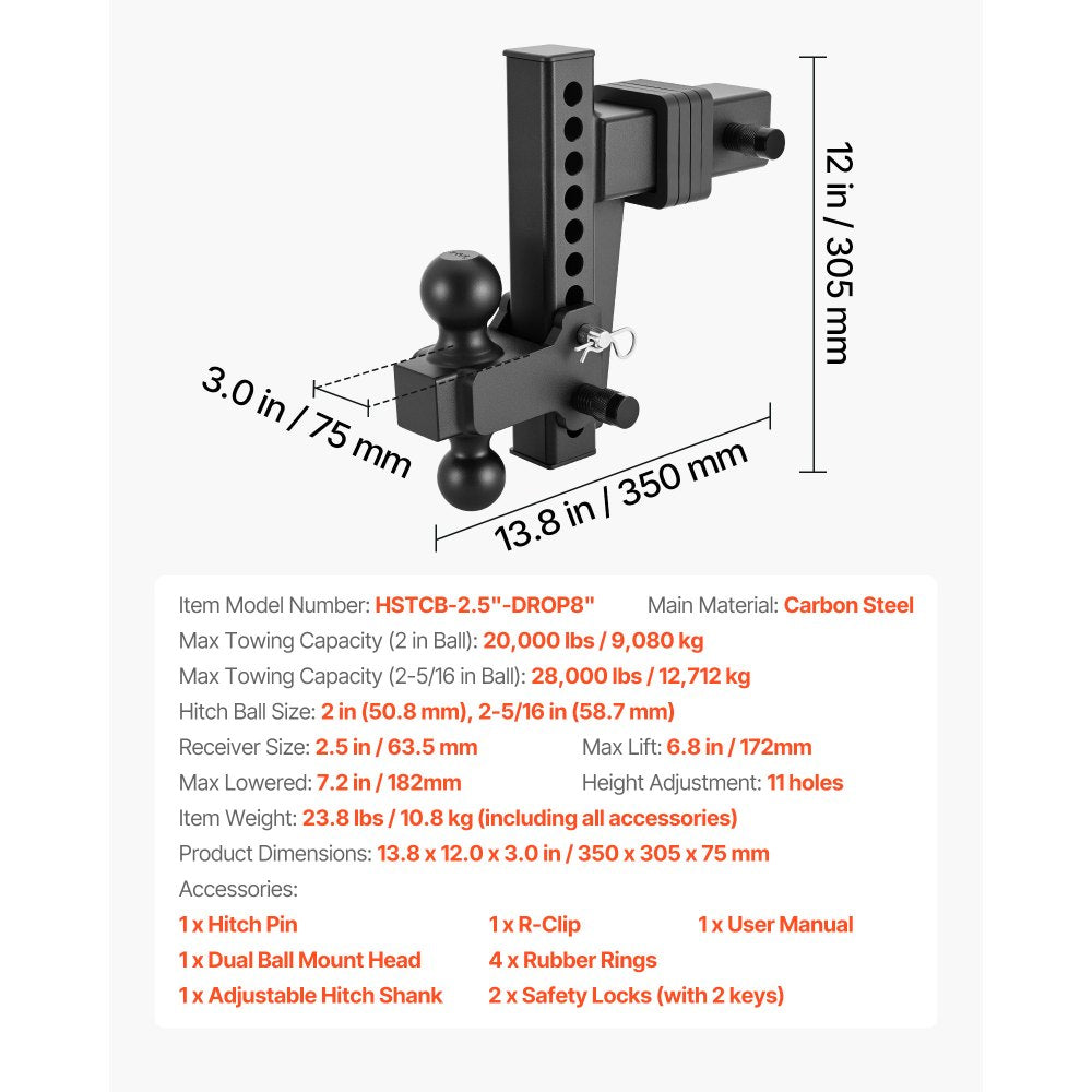 VEVOR Adjustable Trailer Hitch, Fit 2.5 Inch Receiver, Trailer Hitch Mount with 2 Inch & 2-5/16 Inch Balls, 28000 lbs GTW, 8 Inch Drop, Towing Ball Mounts for RVs, Off-Road Vehicles and Trucks, Black