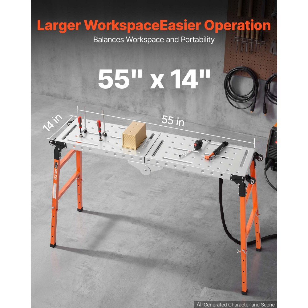VEVOR 2-in-1 Foldable Welding Table 55" x 14" Work Bench 1100LBS Capacity, 5-Level Height Adjustable, Heavy-Duty Steel Welding Platform with 4 Wheels, 12 Tool Slots & 0.55" Fixture Holes for Workshops