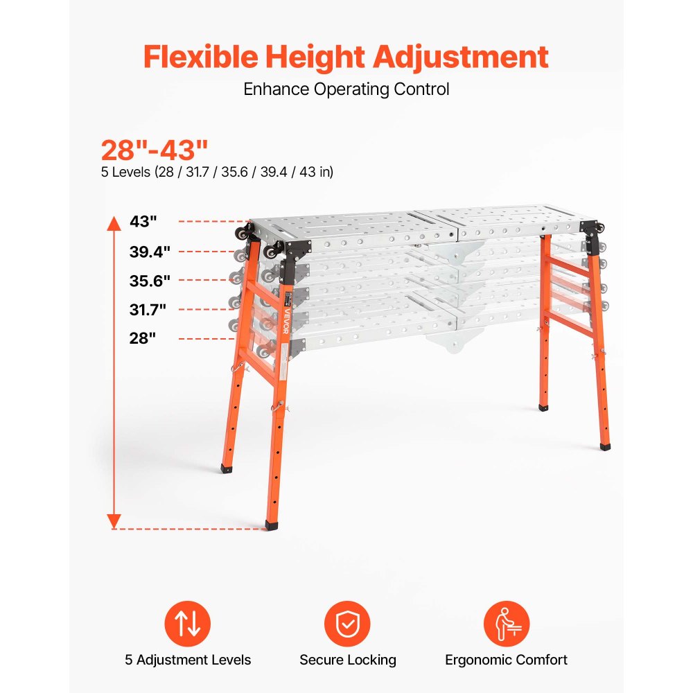 VEVOR 2-in-1 Foldable Welding Table 55" x 14" Work Bench 1100LBS Capacity, 5-Level Height Adjustable, Heavy-Duty Steel Welding Platform with 4 Wheels, 12 Tool Slots & 0.55" Fixture Holes for Workshops