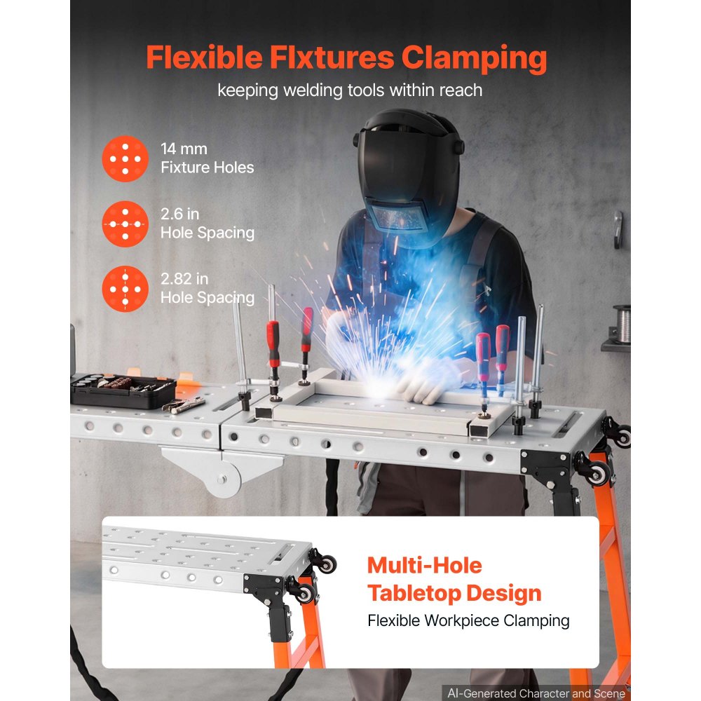 VEVOR 2-in-1 Foldable Welding Table 55" x 14" Work Bench 1100LBS Capacity, 5-Level Height Adjustable, Heavy-Duty Steel Welding Platform with 4 Wheels, 12 Tool Slots & 0.55" Fixture Holes for Workshops