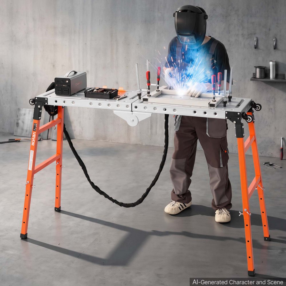 VEVOR 2-in-1 Foldable Welding Table 55" x 14" Work Bench 1100LBS Capacity, 5-Level Height Adjustable, Heavy-Duty Steel Welding Platform with 4 Wheels, 12 Tool Slots & 0.55" Fixture Holes for Workshops