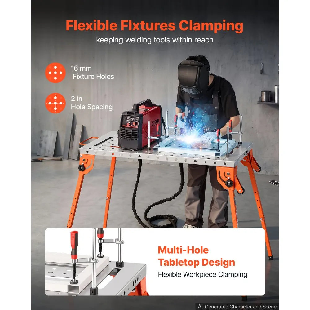VEVOR Foldable Welding Table, 44" x 21" Welding Workbench 500LBS Capacity, 4-Level Adjustable Height, Heavy-Duty Steel Work Table with 6 Tool Slots & 0.63" Fixture Holes for Welding Assembly Repair