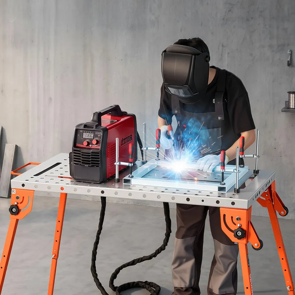 VEVOR Foldable Welding Table, 44" x 21" Welding Workbench 500LBS Capacity, 4-Level Adjustable Height, Heavy-Duty Steel Work Table with 6 Tool Slots & 0.63" Fixture Holes for Welding Assembly Repair