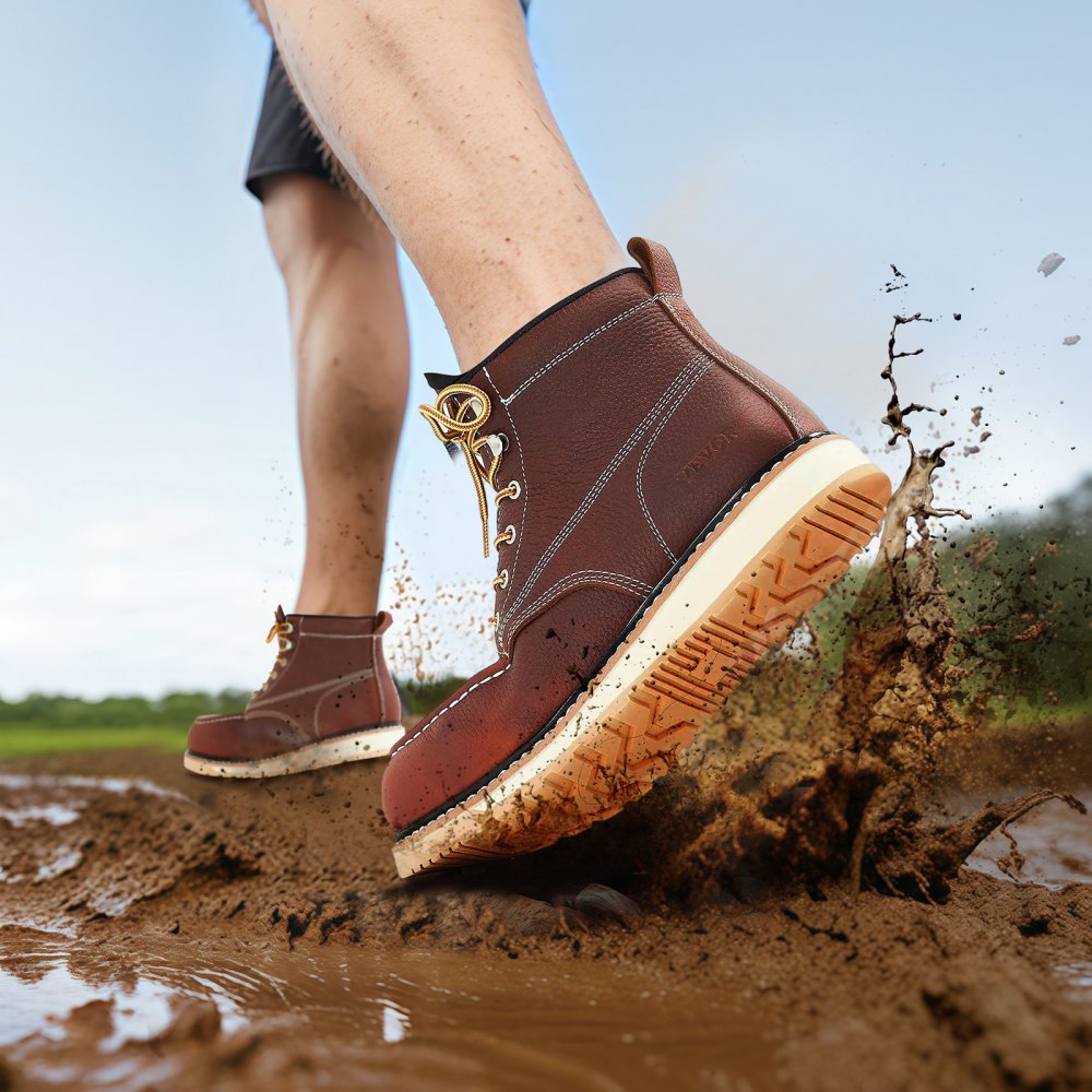 VEVOR Steel Toe Work Boots, US Size 11.5, Waterproof Moc Toe Work Boots for Men, Slip-Resistant Work Boot, Lightweight and Breathable EVA Rubber Sole Mens Boots for Industry Construction, Brown