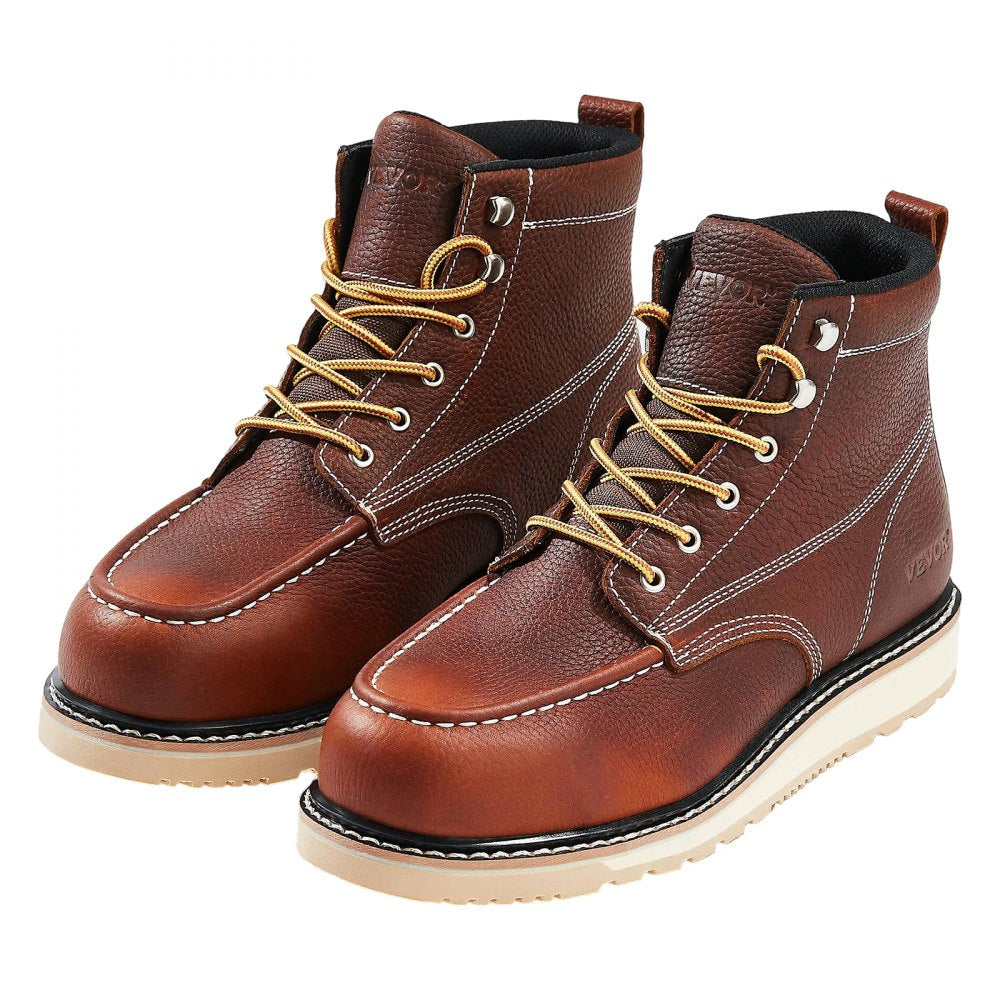 VEVOR Steel Toe Work Boots, US Size 11.5, Waterproof Moc Toe Work Boots for Men, Slip-Resistant Work Boot, Lightweight and Breathable EVA Rubber Sole Mens Boots for Industry Construction, Brown