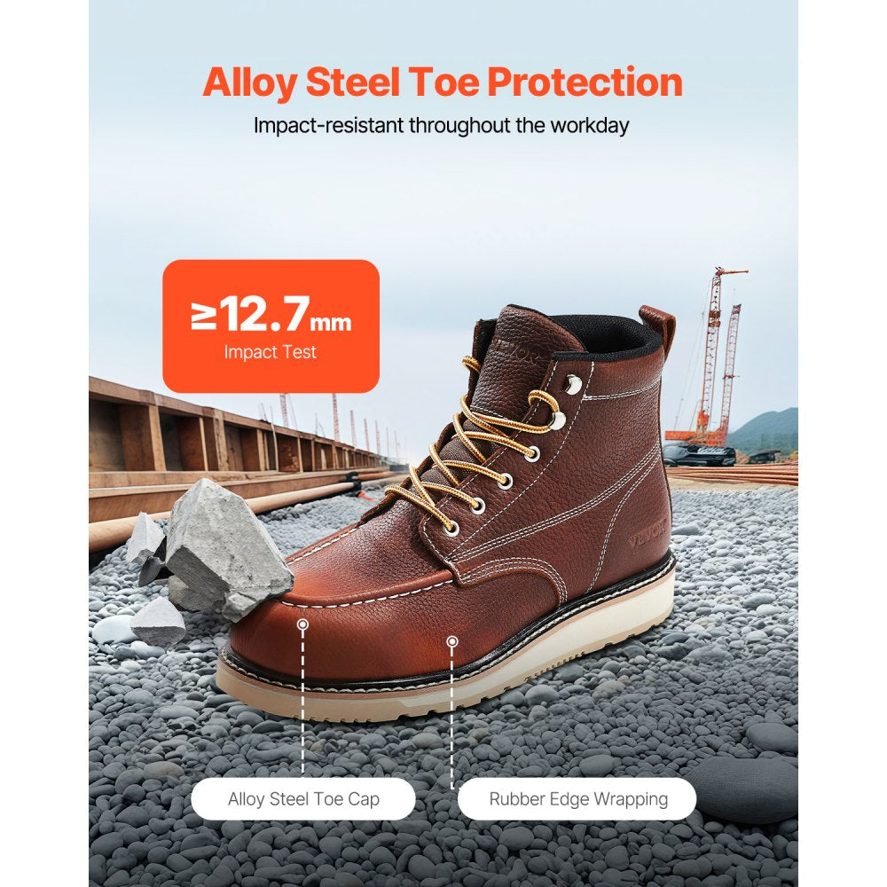 VEVOR Steel Toe Work Boots, US Size 10, Waterproof Moc Toe Work Boots for Men, Slip-Resistant Work Boot, Lightweight and Breathable EVA Rubber Sole Mens Boots for Industry Construction, Brown