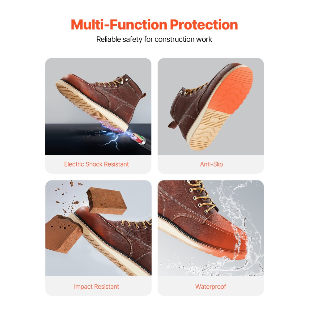 VEVOR Steel Toe Work Boots, US Size 13, Waterproof Moc Toe Work Boots for Men, Slip-Resistant Work Boot, Lightweight and Breathable EVA Rubber Sole Mens Boots for Industry Construction, Brown