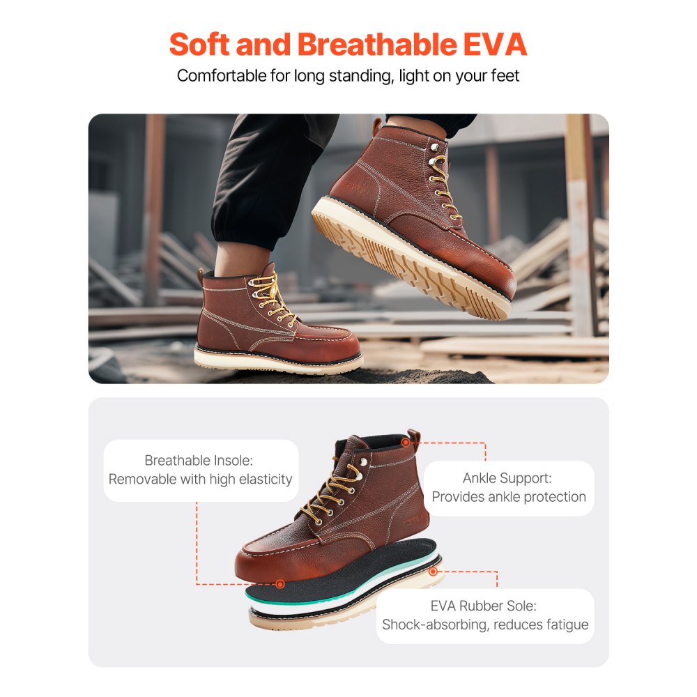 VEVOR Steel Toe Work Boots, US Size 13, Waterproof Moc Toe Work Boots for Men, Slip-Resistant Work Boot, Lightweight and Breathable EVA Rubber Sole Mens Boots for Industry Construction, Brown