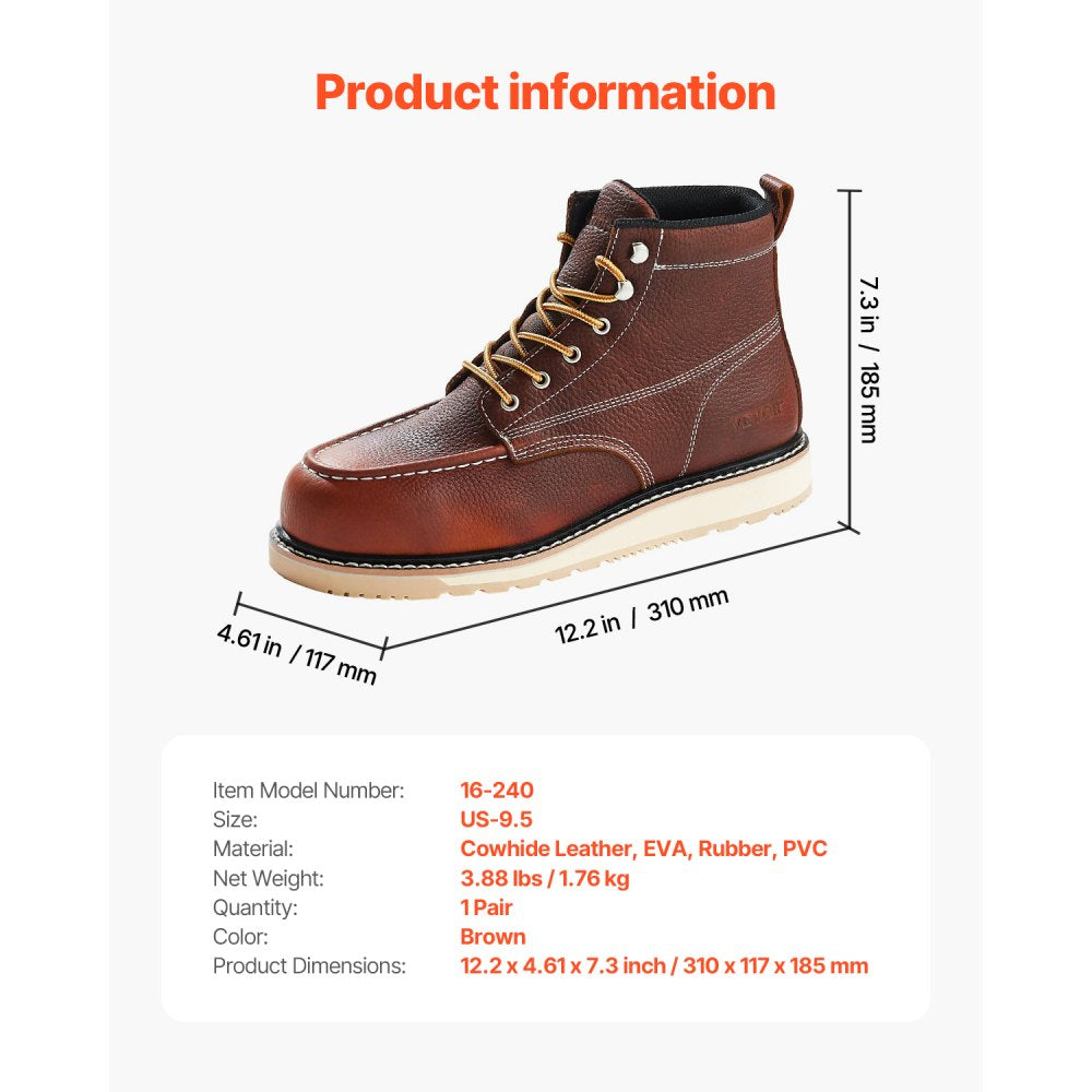 VEVOR Steel Toe Work Boots, US Size 9.5, Waterproof Moc Toe Work Boots for Men, Slip-Resistant Work Boot, Lightweight and Breathable EVA Rubber Sole Mens Boots for Industry Construction, Brown