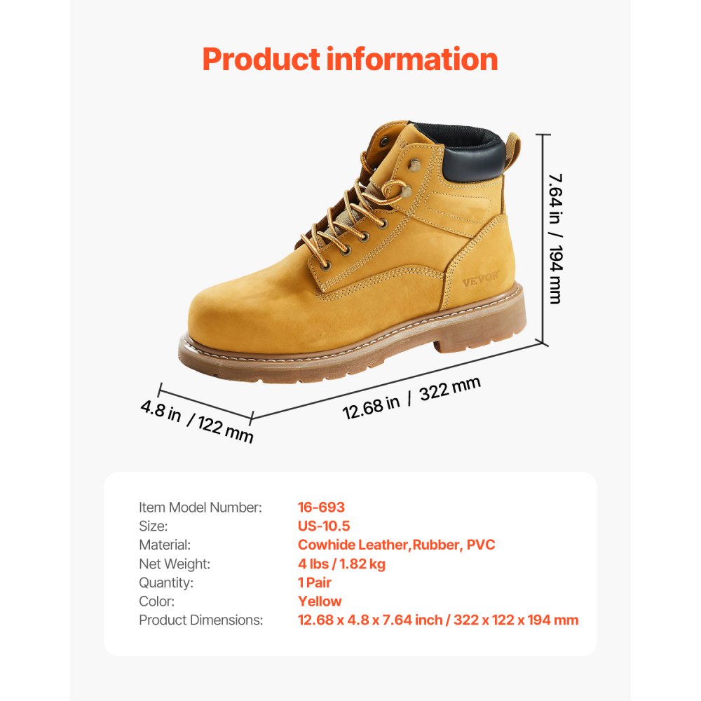 VEVOR Steel Toe Work Boots, US Size 10.5, Waterproof Work Boots for Men, Slip-Resistant Work Boot, Lightweight and Breathable Rubber Sole Mens Boots for Industry Construction, Brown Yellow
