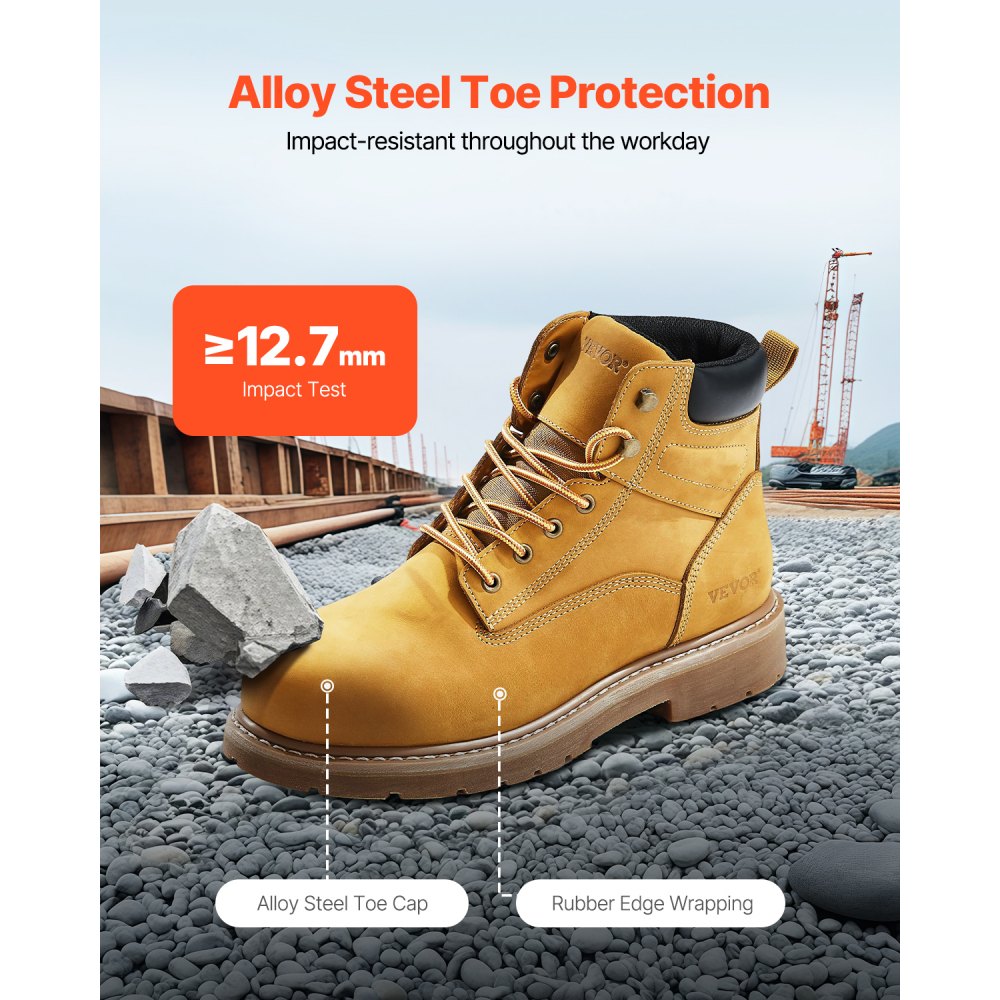 VEVOR Steel Toe Work Boots, US Size 10, Waterproof Work Boots for Men, Slip-Resistant Work Boot, Lightweight and Breathable Rubber Sole Mens Boots for Industry Construction, Brown Yellow