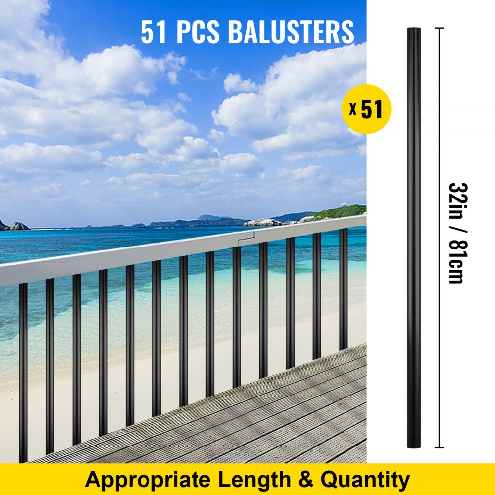 VEVOR Deck Balusters, 51 Pack Metal Deck Spindles, 32\"x0.75\" Staircase Baluster with Screws, Aluminum Alloy Deck Railing for Wood and Composite Deck, Circle Baluster for Outdoor Stair Deck Porch