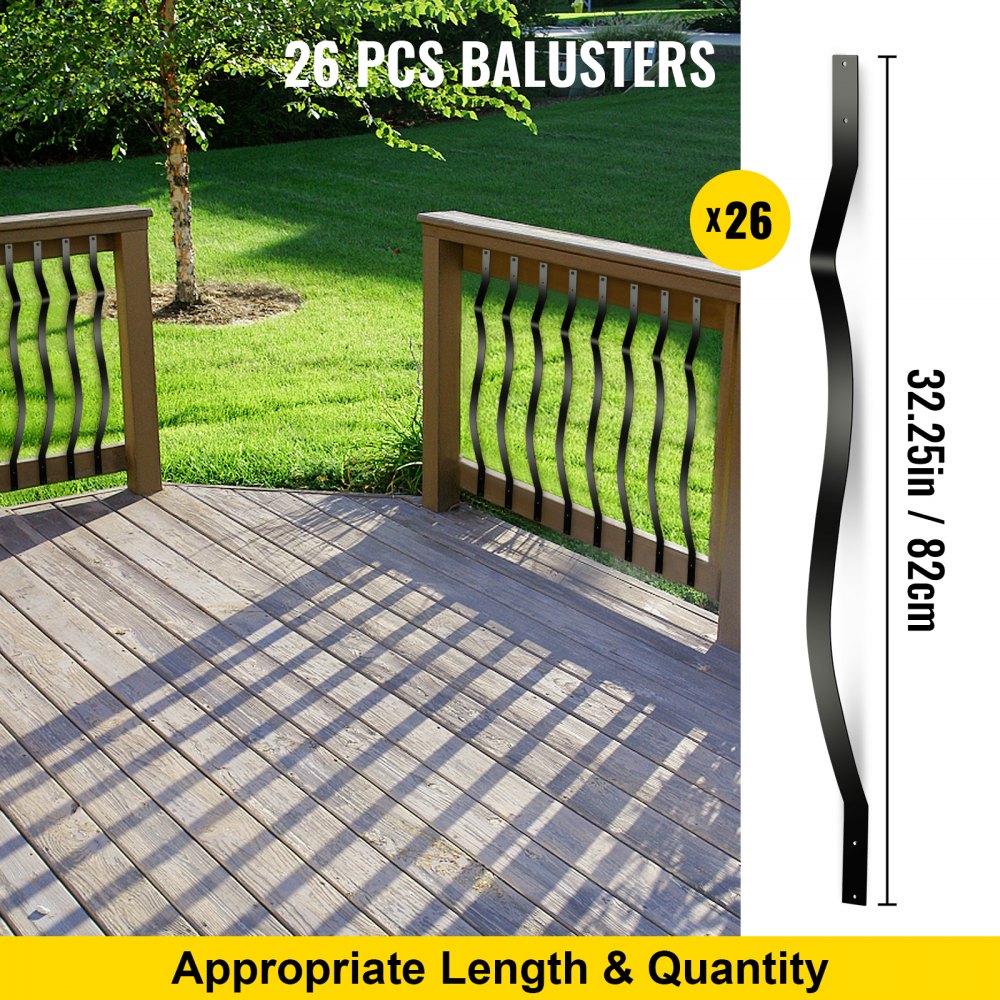 VEVOR Deck Balusters, 26 Pack Metal Deck Spindles, 32.25\"x1\" Staircase Baluster with Screws, Aluminum Alloy Deck Railing for Wood and Composite Deck, Stylish Baluster for Outdoor Stair Deck Porch