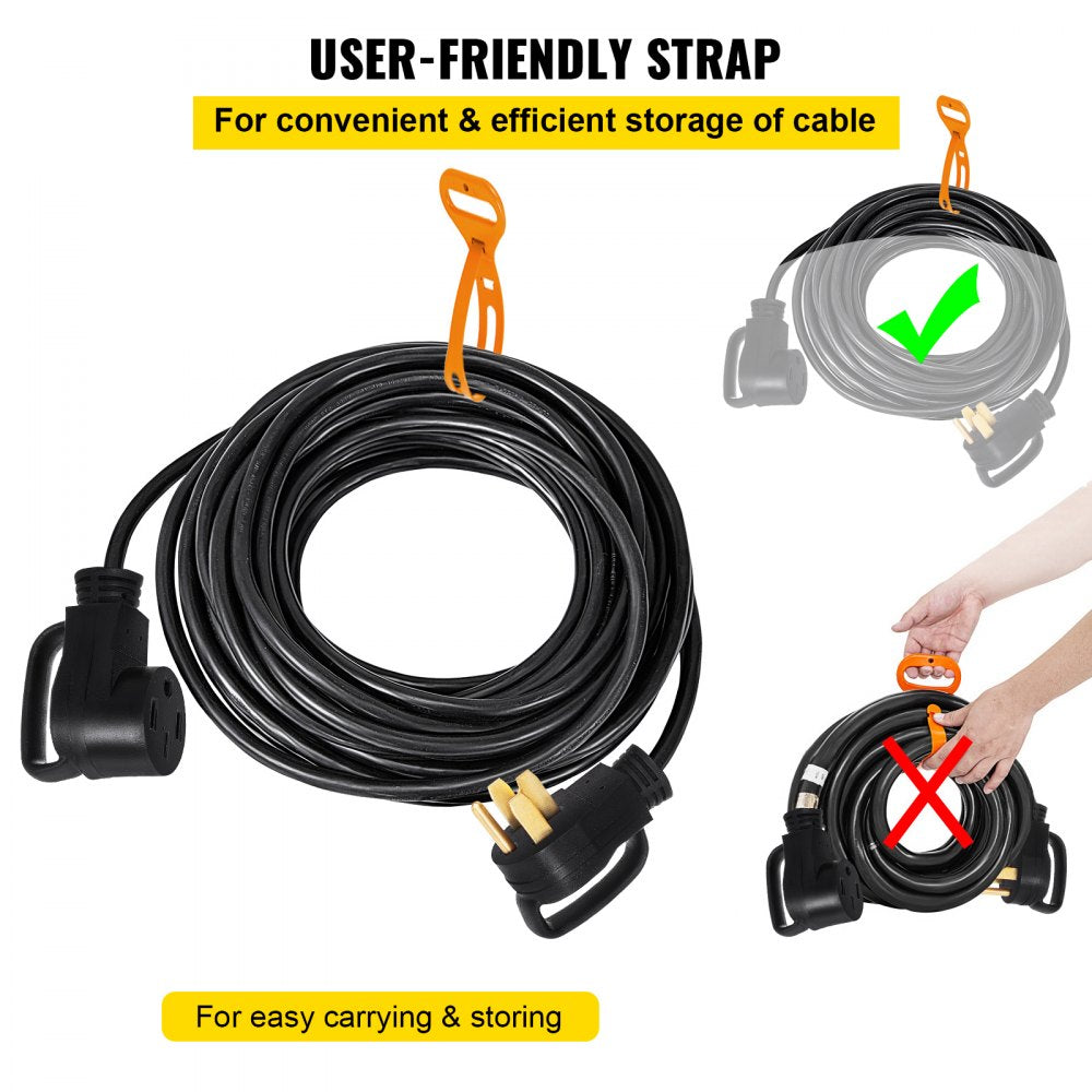VEVOR Heavy Duty 30 ft 50 Amp RV Extension Cord Power Supply Cable w/Molded Connector&Handles 125 / 250V